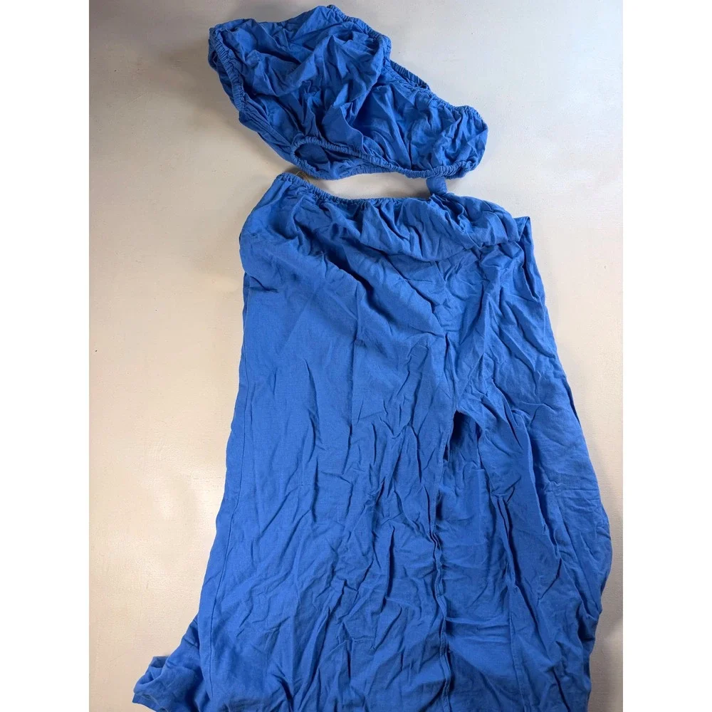 Farm Rio 2-Piece Skirt Set Women XS Blue Excellent Linen Blend Midi Side Slit